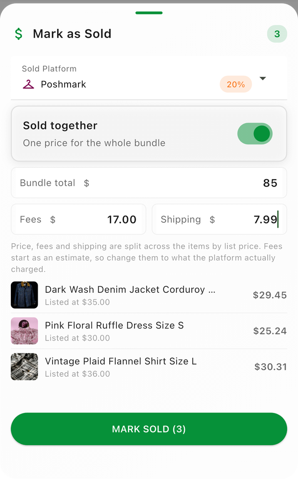 The Mark as Sold sheet with Sold together switched on, a bundle total of 85, fees and shipping, and each item showing its share