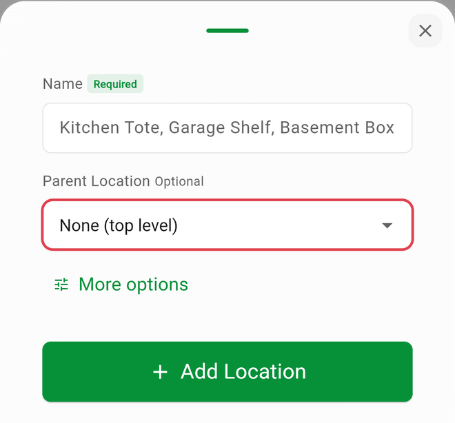 The new location sheet with Name and the Parent Location dropdown
