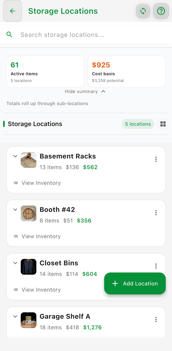 Storage Locations with item counts and value for each location