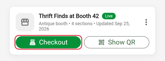 A storefront card with the Checkout button highlighted