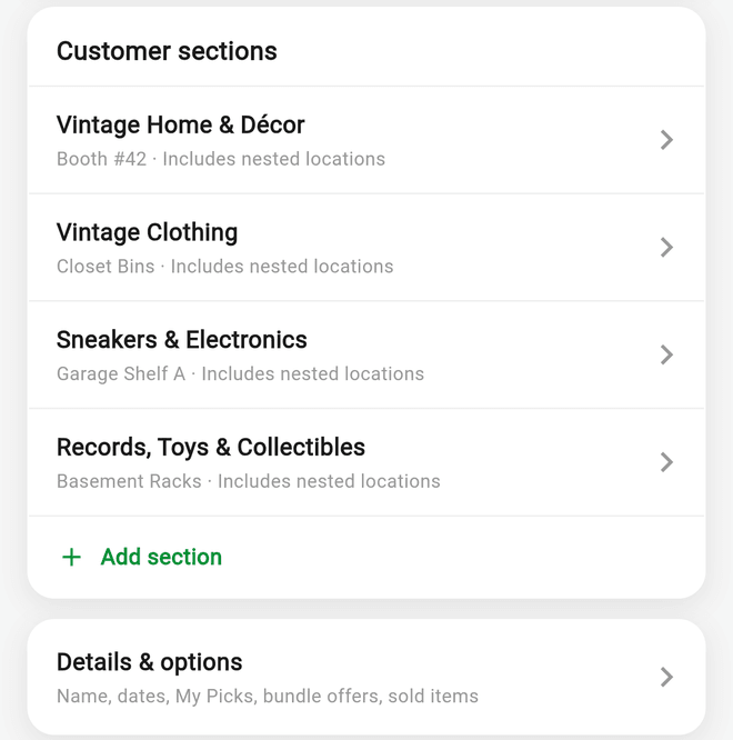 A storefront's Customer sections, each mapped to a storage location