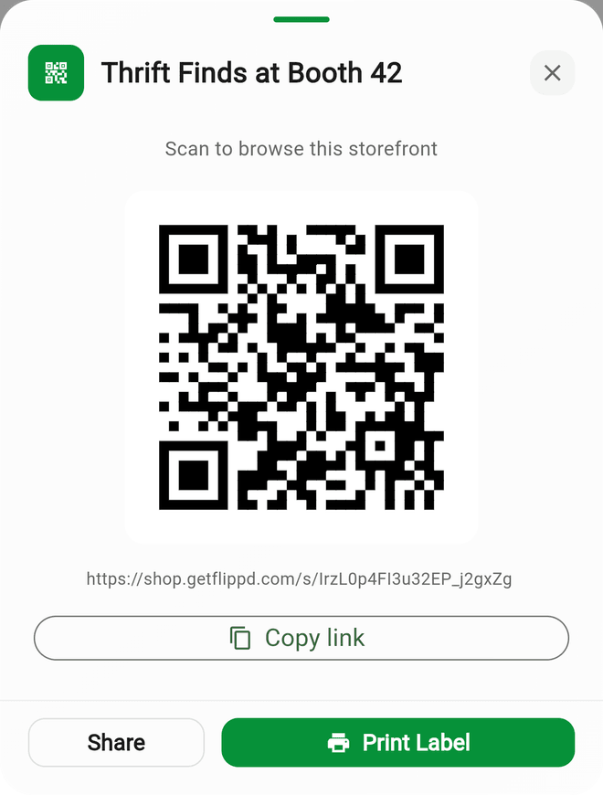 The storefront QR code sheet with Copy link, Share, and Print Label