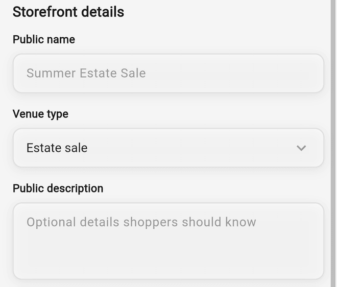 The Create Storefront form with Public name, Venue type, and Public description