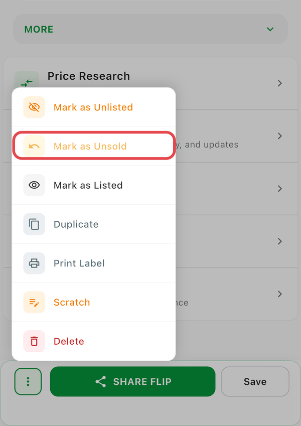 A sold item's menu with Mark as Unsold highlighted