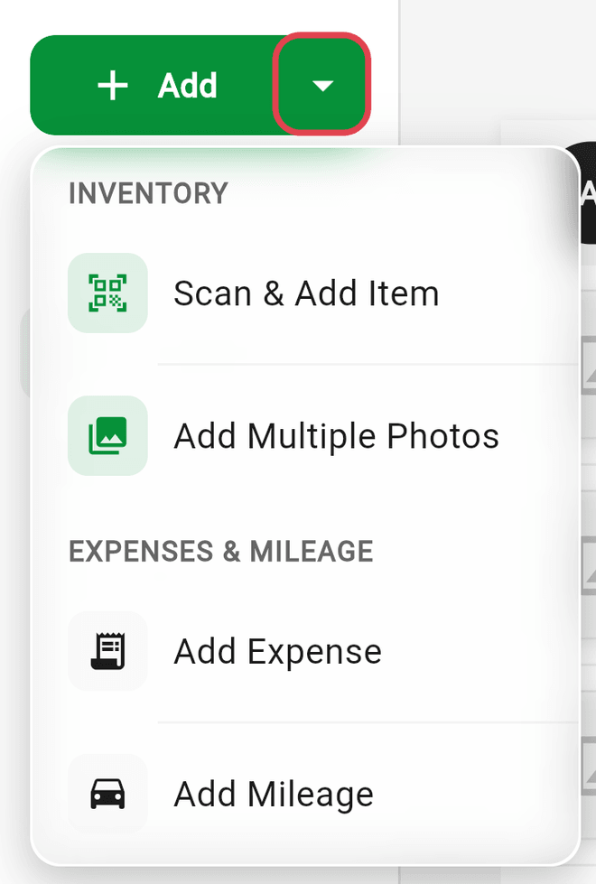 The web Add dropdown with Scan & Add Item, Add Multiple Photos, Add Expense, and Add Mileage