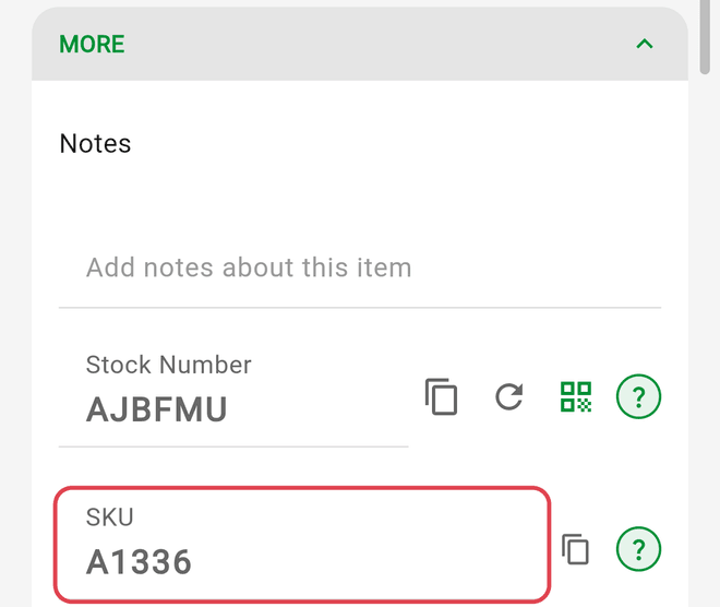 The expanded MORE section on an item with the SKU field highlighted