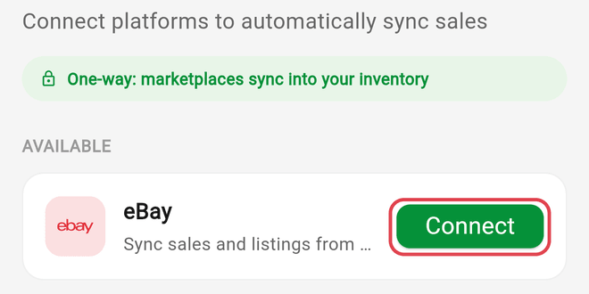 Integrations screen with the Connect button on the eBay card