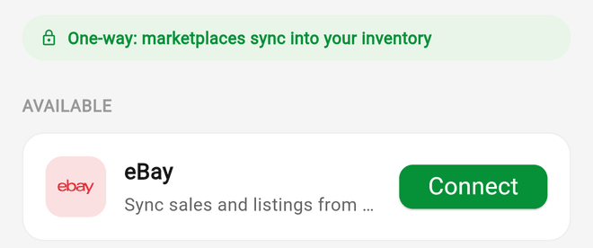 Integrations screen banner reading One-way: marketplaces sync into your inventory, above the eBay card