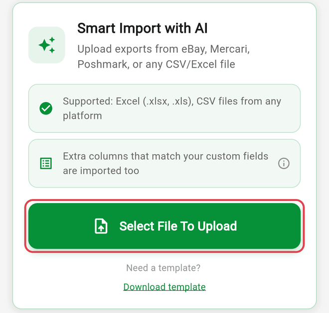 Import Data screen with the Select File To Upload button in the Smart Import with AI card
