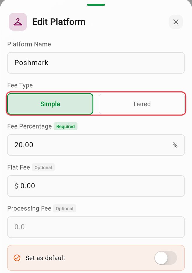 The Edit Platform sheet with the Simple and Tiered fee type buttons highlighted, plus fee percentage, flat fee, and processing fee fields
