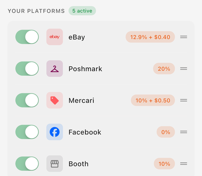 Platform fees in Customize Data: eBay 12.9% + $0.40, Poshmark 20%, Mercari 10% + $0.50, Facebook 0%, Booth 10%