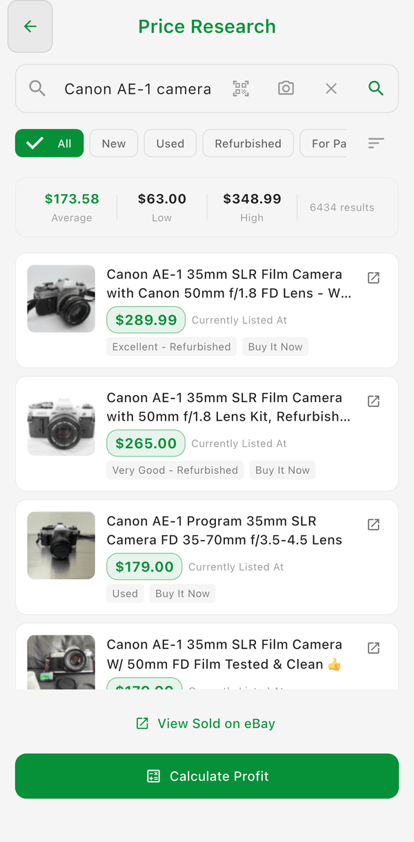 Price Research results for a camera with average, low, and high prices and matching eBay listings