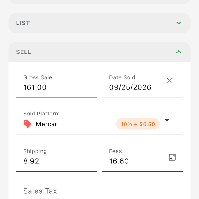 The Sell section of an item: gross sale, platform, shipping, fees, sales tax, and adjustments