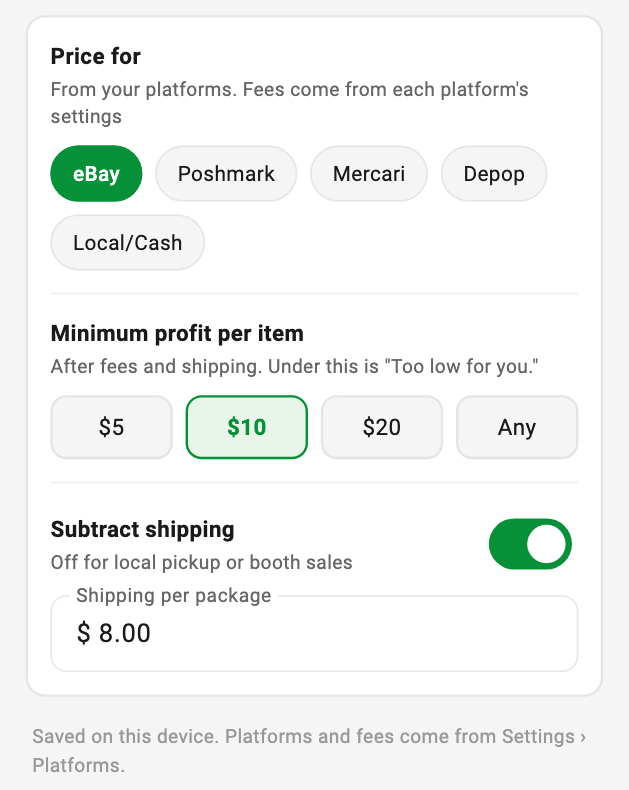 Pricing preferences: Price for eBay, Poshmark, Mercari, Depop or Local/Cash; minimum profit per item of $5, $10, $20 or Any; and a Subtract shipping switch with shipping per package set to $8