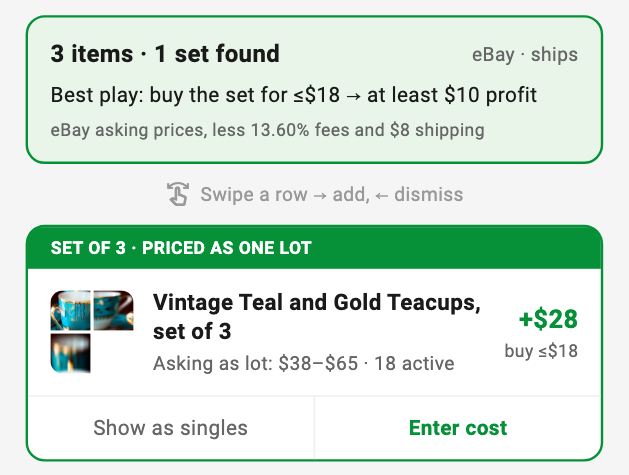 Results showing 3 items and 1 set found, with the best play to buy the set for $18 or less, and a set card for vintage teal and gold teacups priced as one lot