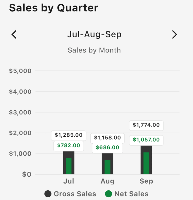 The Sales by Quarter chart in Reports, with gross and net sales for each month
