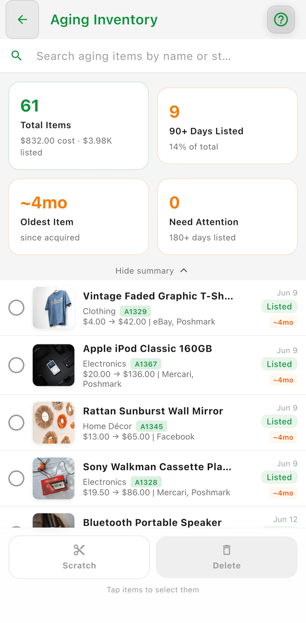 The Aging Inventory screen with total items, 90+ days listed, oldest item, and the list of slow movers