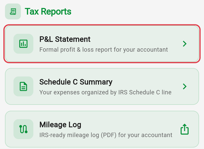 The Tax Reports section in Reports with P&L Statement highlighted