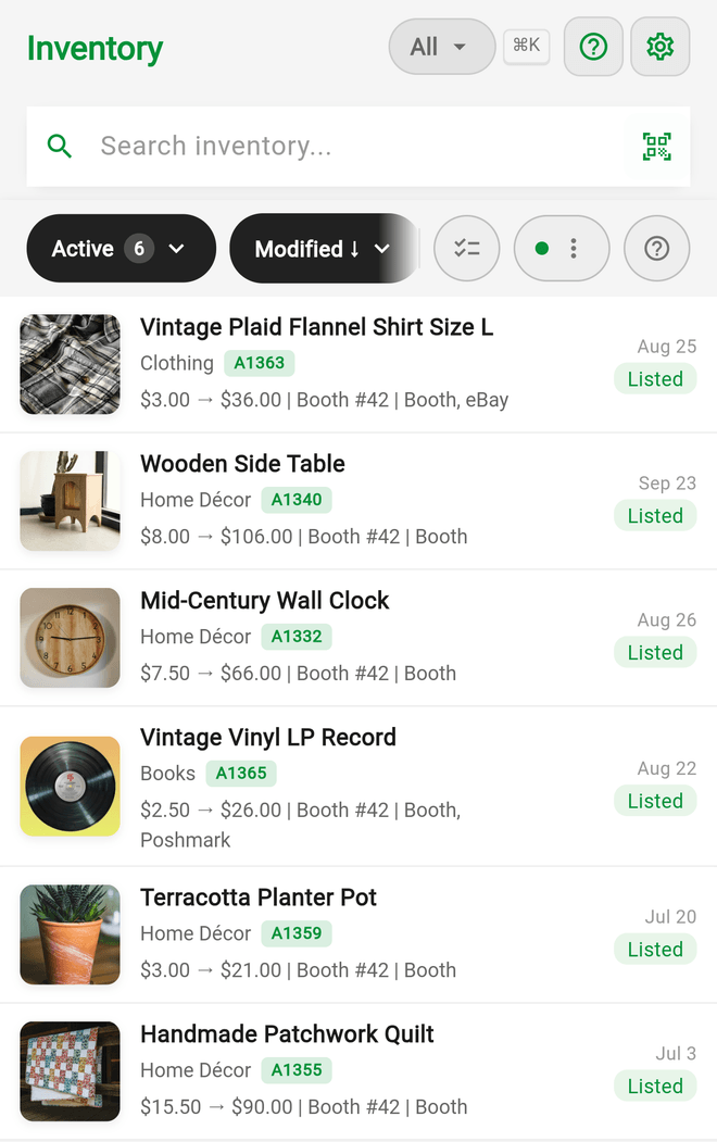 Inventory filtered to the Booth #42 storage location, listing each Listed item in the booth with its cost and price