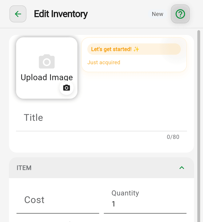 The new item form with Upload Image, Title, Cost, and Mark as Listed