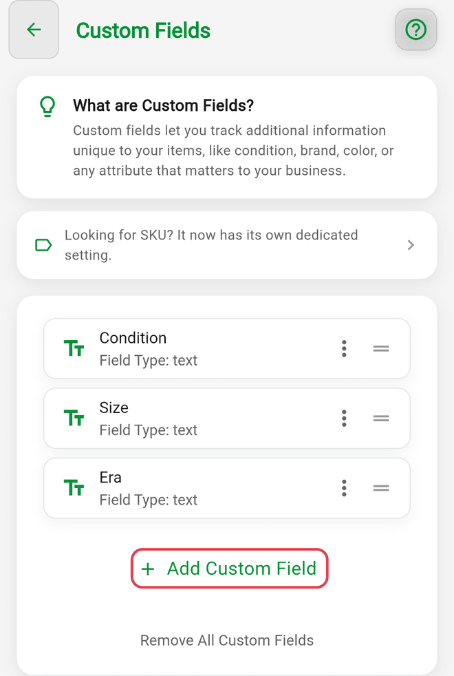 Settings > Custom Fields with Condition, Size, and Era fields and the Add Custom Field button