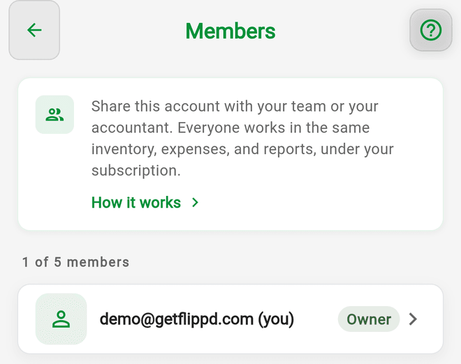 The Members screen showing the account owner and 1 of 5 members