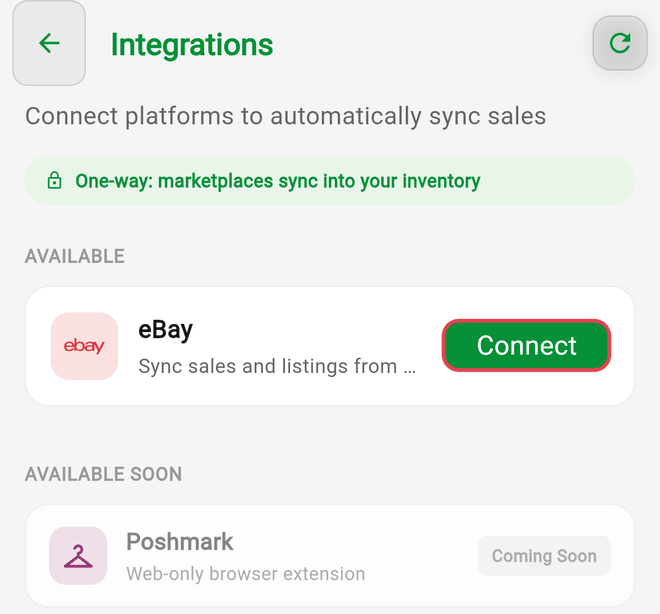 Settings > Integrations with the eBay Connect button