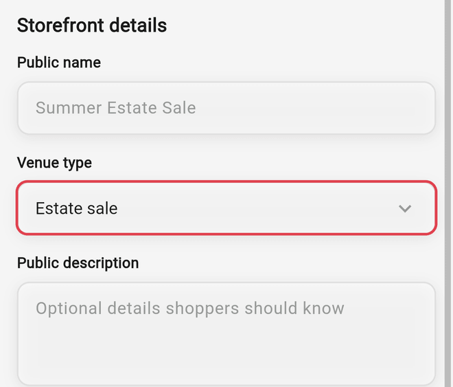 Storefront details with the Estate sale venue type selected