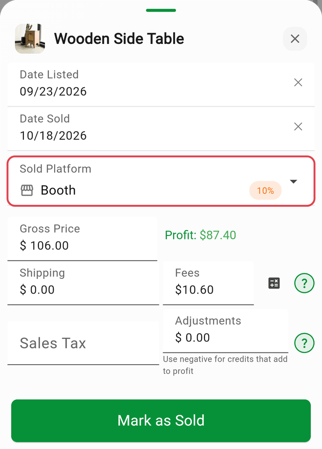 The Mark as Sold sheet with Sold Platform set to Booth, Gross Price, and the calculated profit
