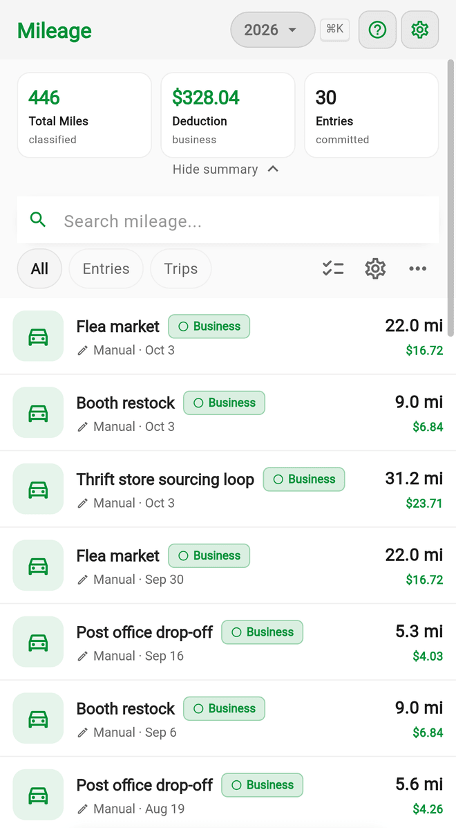 The Mileage screen with total miles, deduction, and business trips such as a thrift store sourcing loop