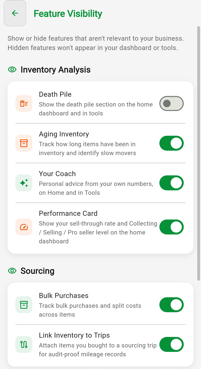 Settings > Feature Visibility with switches to show or hide Death Pile, Aging Inventory, Your Coach, Bulk Purchases, and more