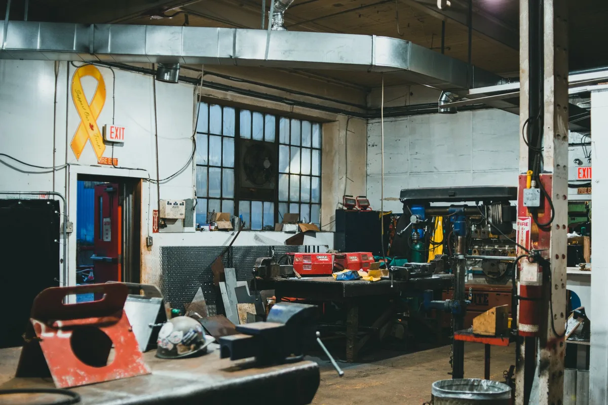 Tools inside a workshop with equipment and machinery