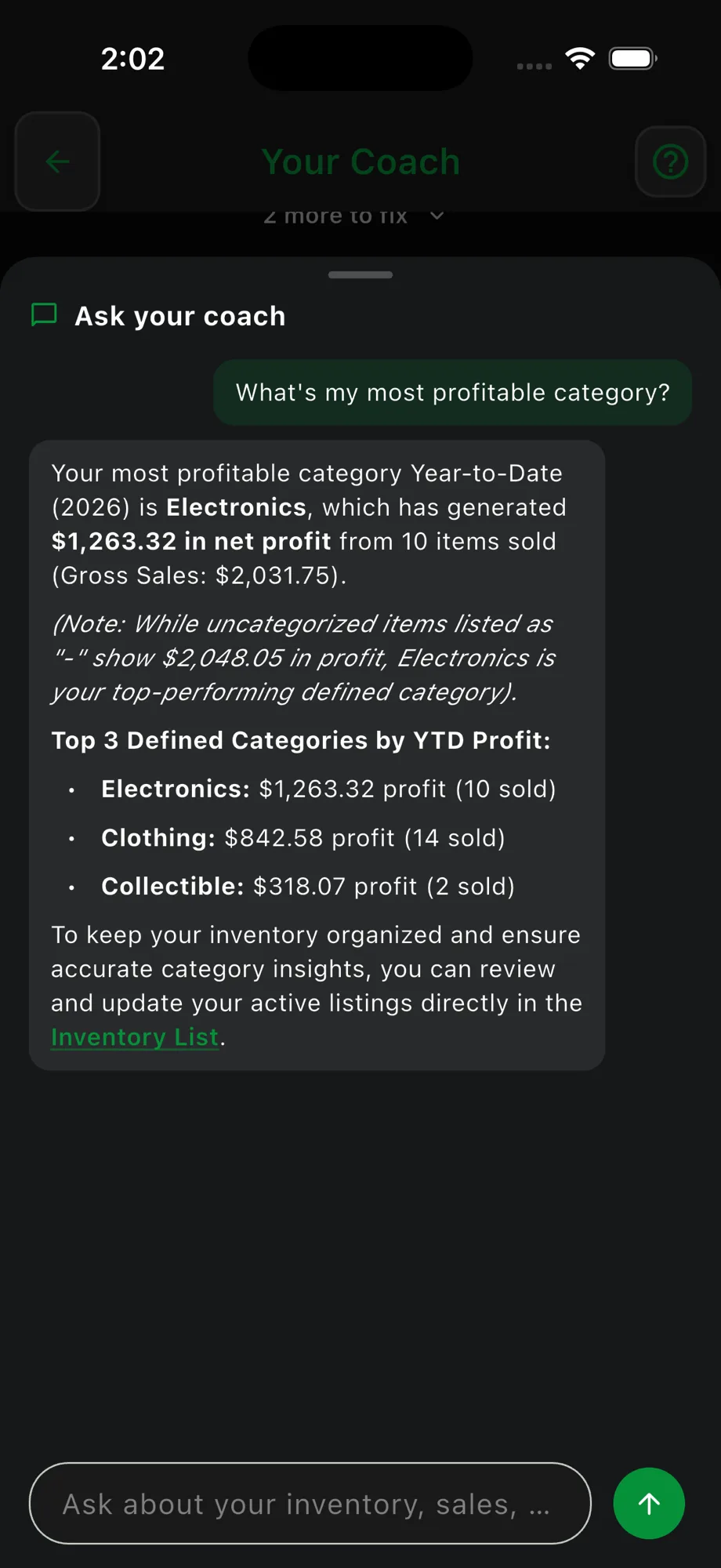 Flippd Coach chat answering a question about the most profitable category