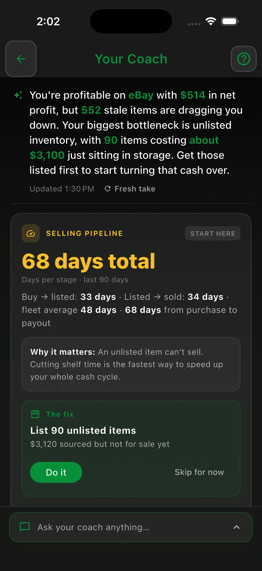 Flippd Coach screen showing the daily verdict and a selling-pipeline insight with the fix.