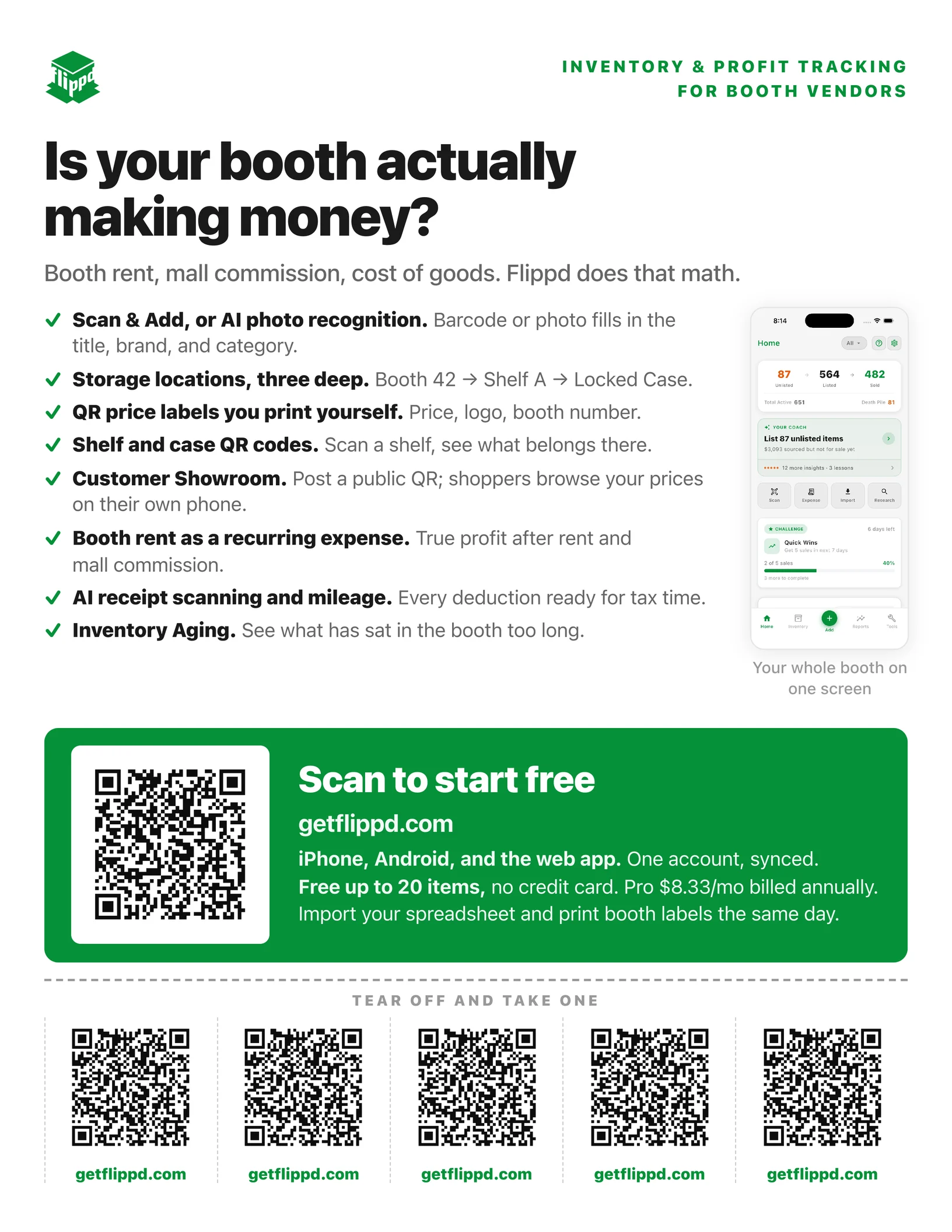Flippd booth flyer: “Is your booth actually making money?” with a feature list, a phone screenshot, a QR code to getflippd.com, and a row of tear-off tabs.