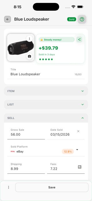 Every item with cost, fees, and profit