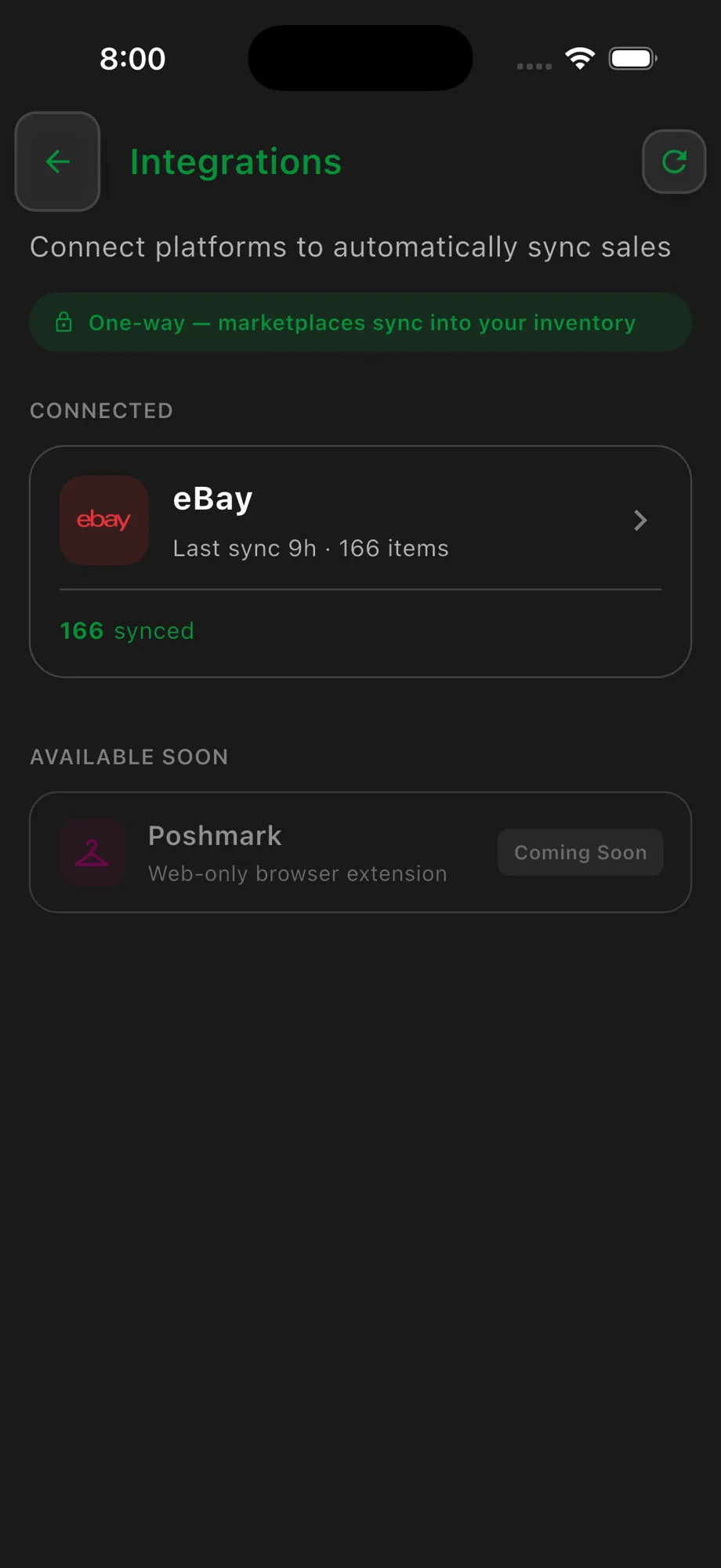 Flippd's Integrations screen with eBay connected and 166 items synced