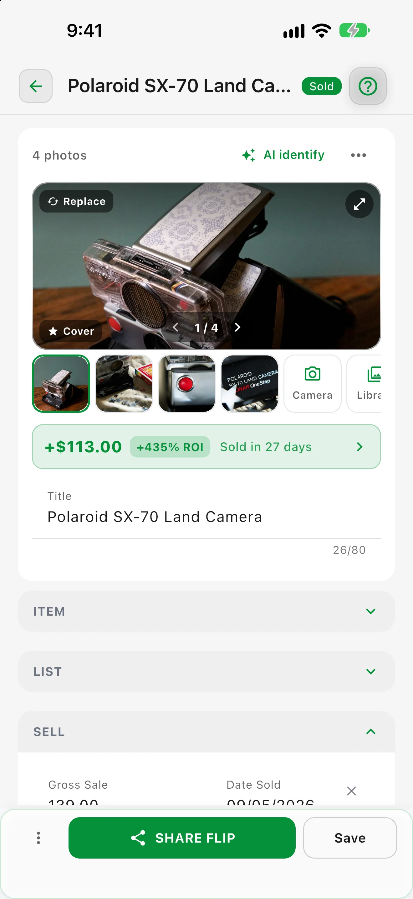 Item detail with profit breakdown