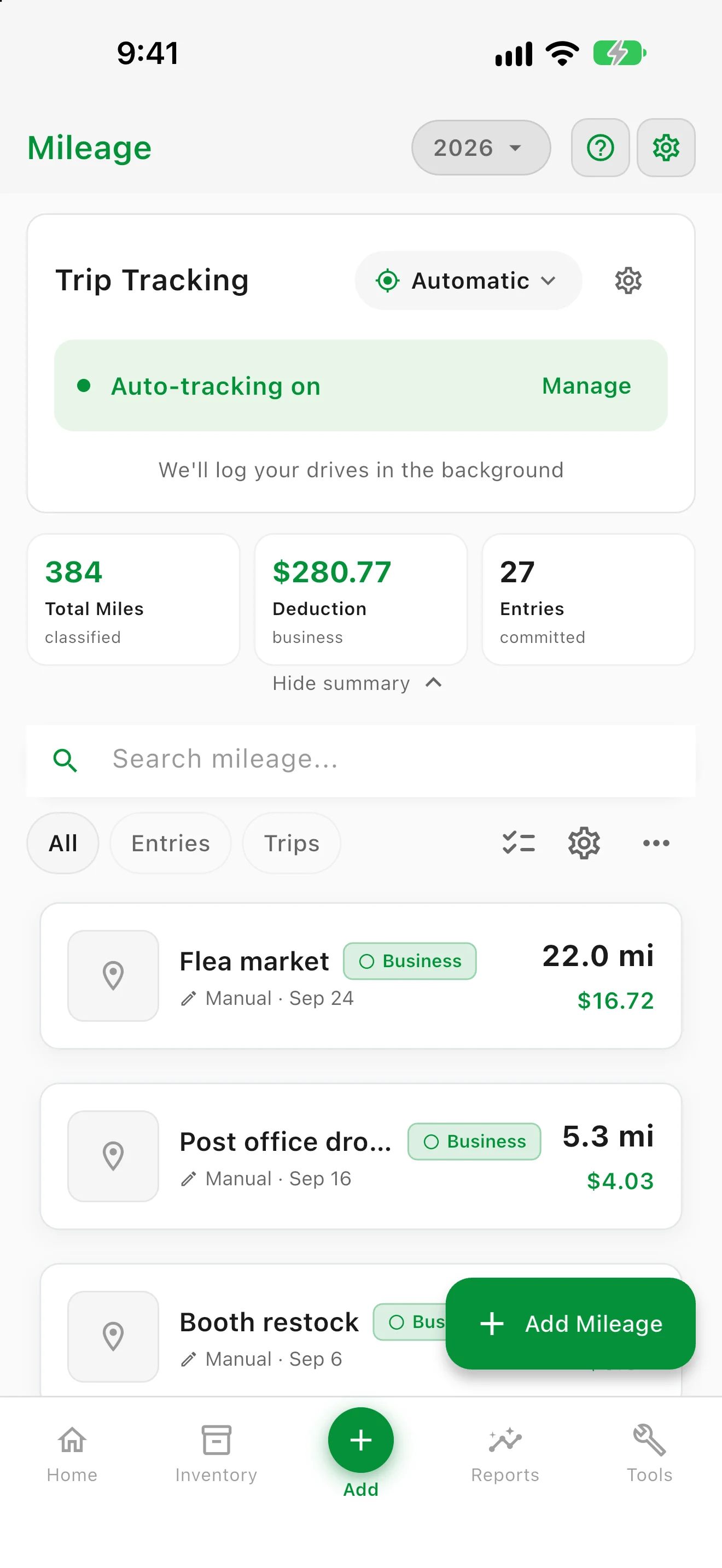 Mileage tracking