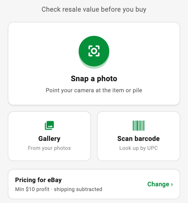 The Snap Decisions screen with Snap a photo, Gallery and Scan barcode, and the pricing profile set to eBay with a $10 minimum profit