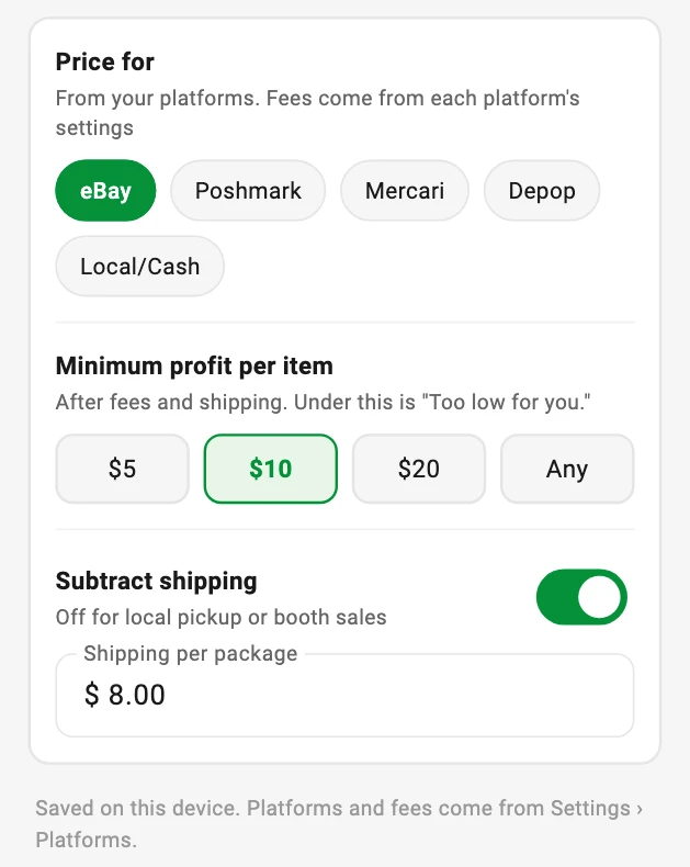 Pricing preferences: price for eBay, Poshmark, Mercari, Depop or Local/Cash, a minimum profit per item, and a Subtract shipping switch