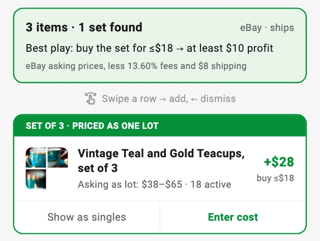 Snap Decisions results showing 3 items and 1 set found, with the best play to buy a set of vintage teacups for $18 or less.