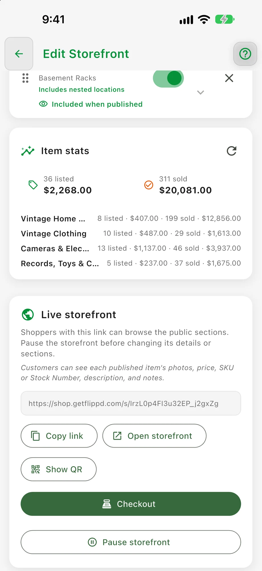 Éditeur de storefront Flippd : sections, statistiques, lien public et QR code