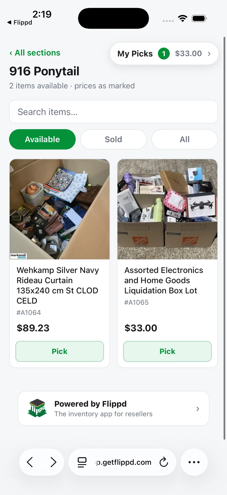 Storefront público de Flippd que un comprador explora en una venta en persona