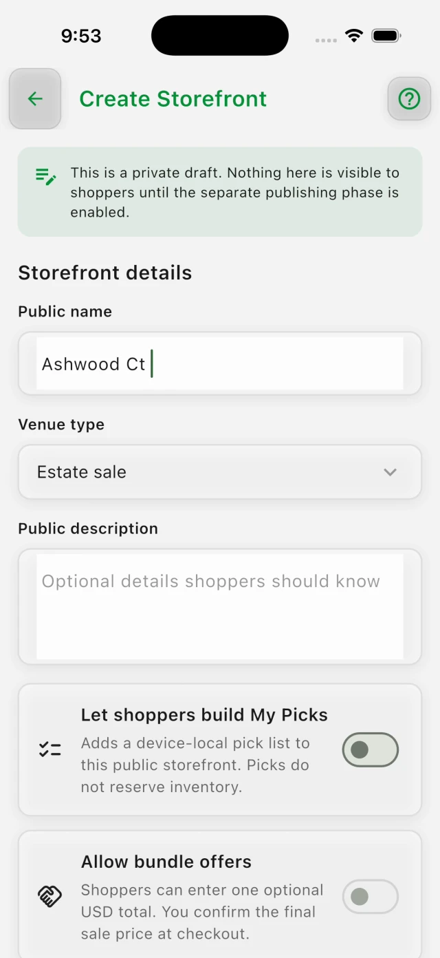 Create Storefront form with sale name and venue type