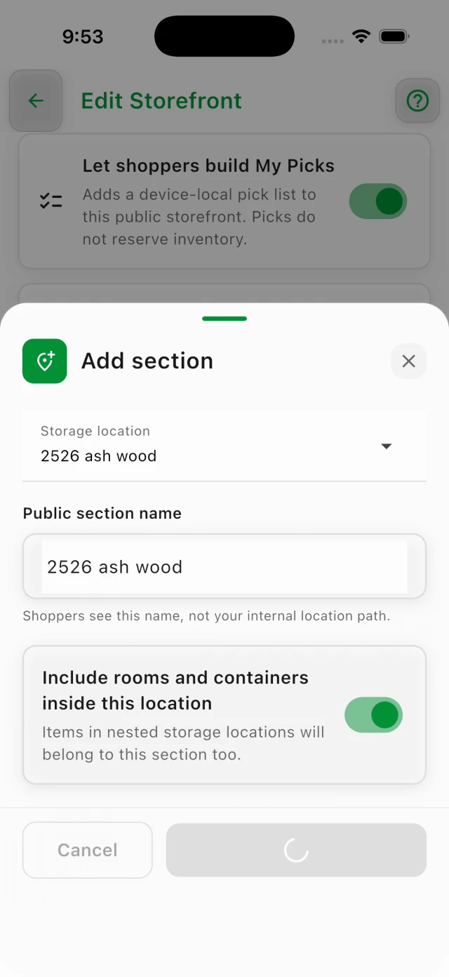 Add section dialog mapping a storage location to a customer section