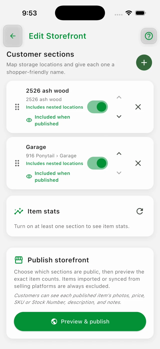 Customer sections with item stats and preview and publish button
